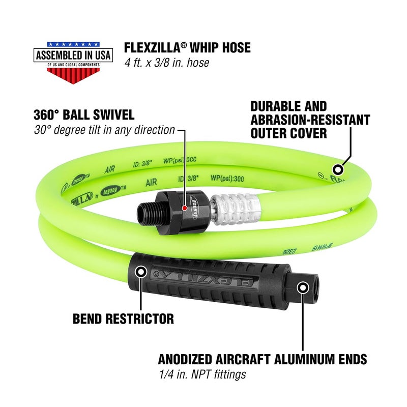 Flexzilla Swivel Whip Air Hose, 3/8 in. x 4 ft. (1/4" MNPT Ball Swivel x 1/4" FNPT Ends), Heavy Duty, Lightweight, Hybrid, ZillaGreen - HFZ3804YW2B - Image 2